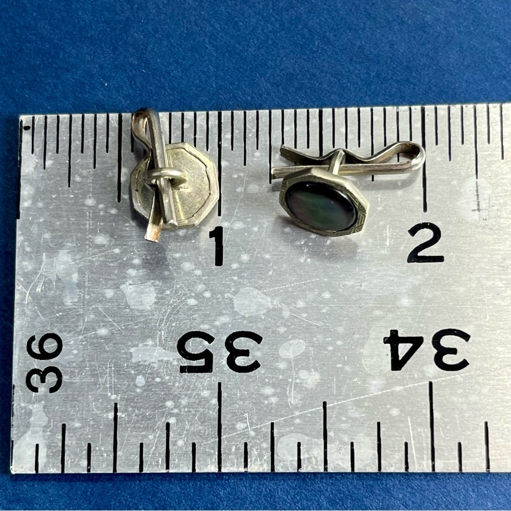 Vintage Abalone Mother of Pearl Cufflinks Silver Sliding Pin Studs Deco - Picture 6 of 6